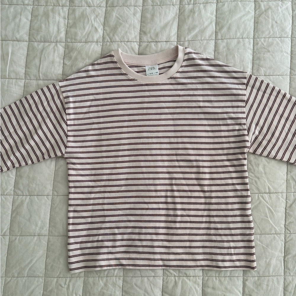 Zara - Size 9-10 - Long Sleeve Pink and Brown Striped Tee